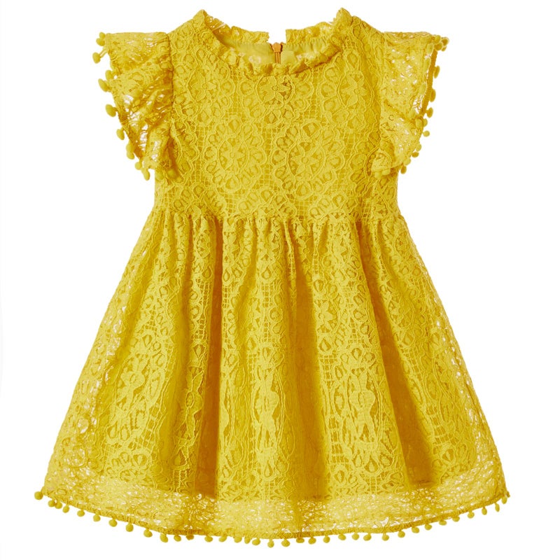 Niyage Toddler Girls Elegant Lace Pom Pom Flutter Sleeve Party Princess Dress Mustard Yellow 100 - Image 1